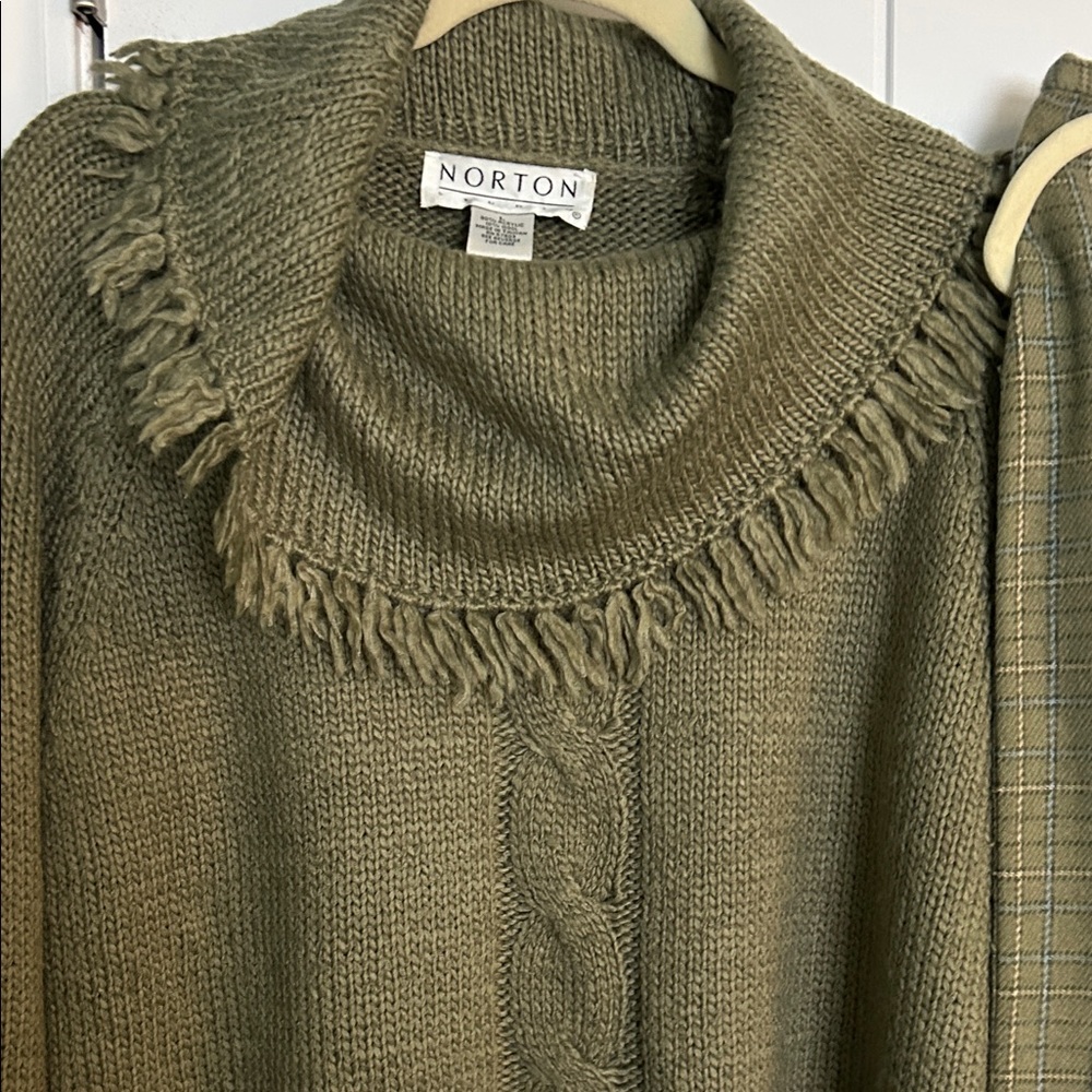 BUNDLE: Olive Cowl Neck Sweater and matching plaid fringe skirt - Picture 3 of 8
